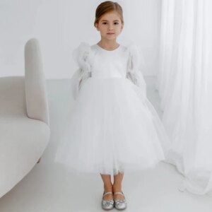 Custom Princess Dress Flower Girl Dresses White Tulle Puffy Long Sleeve For Wedding Birthday Party Banquet Holy Communion Gowns