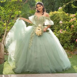 Customized Mint Green Quinceanera Dresses Puff Sleeves Appliques Lace up Beading Tulle Princess Ball Gown Vestidos De 15 Años