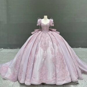 Customized Shiny Pink Off Shoulder Quinceanera Dress sequin applique Beads crystal flower Long tail vestidos de 15 Quinceanera