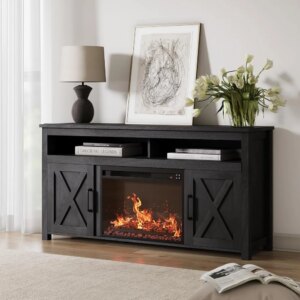 58″ Farmhouse Fireplace TV Stand for TVs up to 65″, 23″ Electric Fireplace Heater with Sound, Entertainment Center Media Consol