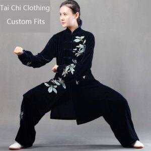 Winter Tai Ji Suit Female Male Velvet Dark Blue Osmanthus Martial Arts Clothing High-End Exercise