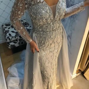 MYMB Luxury Grey V Neck Mermaid Evening Formal Gown for Women Party Muslim Elegant Beaded Long Sleeves Mother of the Bride Dress