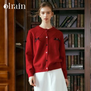 OLrain Retro Red Plaid Jacquard Woman Elegant Commute O Neck Spliced Button Chic Bow Knitwear Ladies 2025 Spring N56QM93289