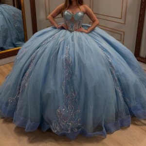 Sky Blue Shiny Quinceanera Dresses Ball Gown Off Shoulder Applique Lace Beads Tull Corset Sweet 16 Dress Vestidos 15 De Anos
