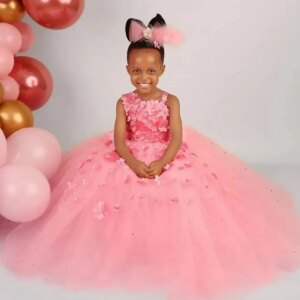 Pink Flower Girl Dresses Floral Appliques Ball Gown Sleeveless Vestido De Novia Kids Exquisite Beading Party Pageant Dress