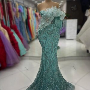 Shiny Sequin Flower Mermaid Formal Evening Dress Dubai One Shoulder Mint Green Wedding Party Gown robes de soirée