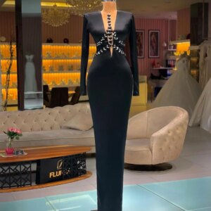 Long Sleeve Black Dresses Satin Beaded Mermaid Floor Length Evening Dress 2023 Dubai Women Formal Party Gowns Celebrity Vestidos
