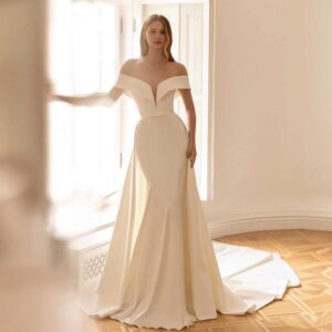 Off the Shoulder Satin Pleated Wedding Dress Sexy Mermaid with Removable Court Wedding Gowns for Bridal свадебное Customized