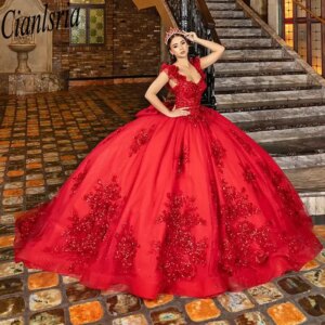Red Off The Shoulder Bow Quinceanera Dresses Ball Gown Sequined Appliques Lace Sweet 15 Años Mexican Customized