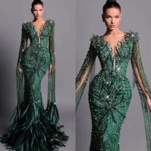 Exquisite Crystal Evening Dresses Sequins Feather Prom Dress Tassel V Neck Long Sleeves Mermaid Party Gowns Vestidos De Noche