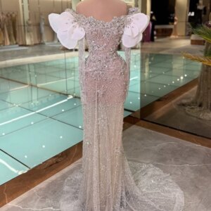 DMDRS Off-shoulder Evening Dress Crystal Beaded Party Gown Classic Short-sleeved A-Line Floor-Length Party Dress فساتين سهرة