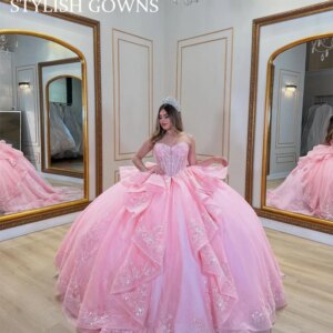 Pink Quinceanera Dresses Sweetheart Ball Gown Sweet 16 Dress Applique Lace Bead Crystal Tull Tiered Birthday Party Vestidos 15