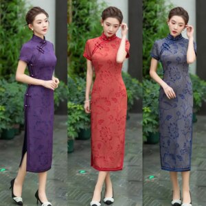 Old Shanghai Retro National Style Traditional Women’s Long Cheongsam Qi Pao Spring and Summer Improved Chinese Bronzing Jacquard