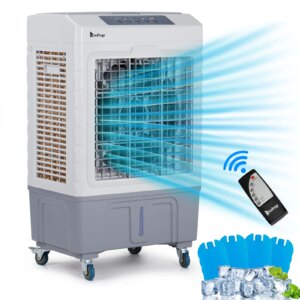 3 in 1 Portable Evaporative Cooler,Personal Air Cooler,remote control,Large Water Tank,Scroll Casters,4 Ice Packs,White and gray