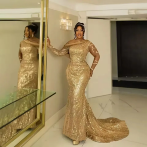 2025 Elegant One Shoulder Golden Sparkling Mermaid Ball Dress African Women’s Birthday Evening Dress Customization