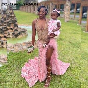 EVLAST Customized Sexy Pink Feather Sequins Mermaid Prom Dress For Black Girls Diamonds Beaded African Formal Party Gown E3P171