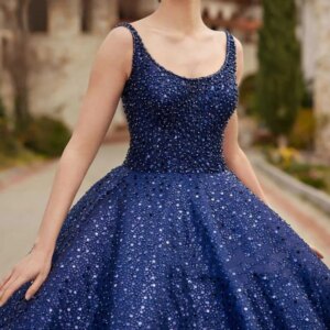 Luxury Mexico Navy Blue Women Birthday Party Dress Scoop Sequined Puffy Prom Occasion Quinceanera Dress 15 16 Girls Customized
