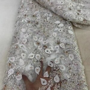 White Luxury Elegant Handmade Embroidery Sequins Beaded Lace High Quality African Sequins Lace Fabric for Wedding Sewing