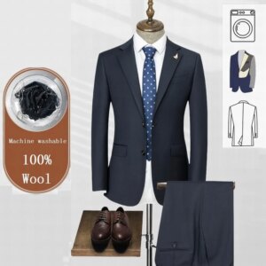 New 100% Wool Navy Blue Formal Men Suit Groom Groomsman Wedding Party Business Tuxedos Male 2 Piece Set Blazer Pants