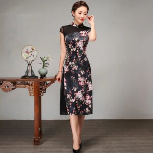 High Quality Real Silk Improved Cheongsam Qipao Women’s Clothing Dress Daily Black Casual