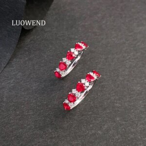 LUOWEND 100% 18K White Gold Rings Romantic Gentle Style Shiny Diamond Natural Ruby Ring for Women High Engagement Jewelry