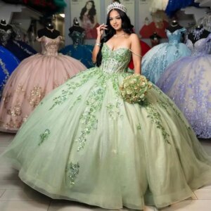Customized Green Shiny Quinceanera Dresses for Girls Off the Shoulder Appliques Diamond Bowknot Robe Princesse Bleu Femm