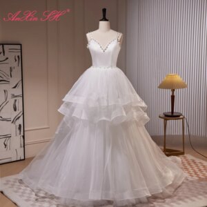 AnXin SH princess white satin and lace spaghetti strap sleeveless beading pearls lace up ruffles customized evening dress