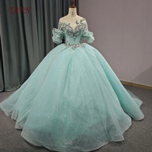 TAFN Quinceanera Dresses Scoop Collar Ball Gown Shiny Green A-line Short Sleeves Floral Appliques vestidos de 15 quinceañera