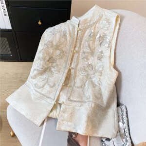 New Chinese style heavy industry bead embroidery sequin waistcoat linen fold wear blouse