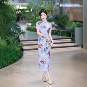 Ai Qi embroidery fashion improvement imitation silk double-layer short sleeve cheongsam dress skirt