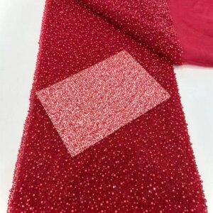 African Embroidered Fabrics High Quality Lace Fabric 2025 5 Yards Red Beaded Lace Fabric With Sequins Bride Wedding Dress A850-1