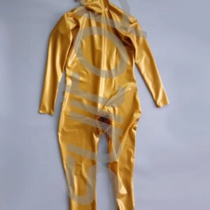 Women’s Full body close-fitting latex catsuits full cover zentai open crotch back zip in metallic Gold