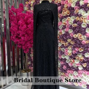 Elegant Black Luxury Dubai Evening Dresses With Cape Crystal Beading فساتين السهرة Wedding Party Prom Gowns Customized