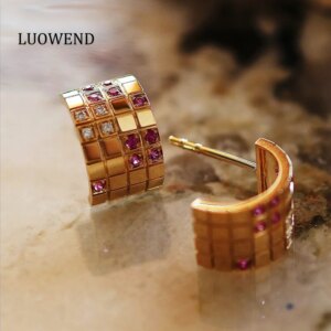 LUOWEND 100% 18K Yellow Gold Earrings Fashion Classic Design Shiny Diamond Natural Ruby Stud Earrings for Women Fine Jewelry