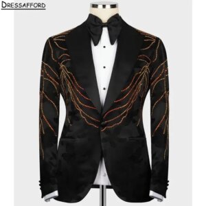 Black Men Business Gold Crystal Formal Occasion Tuxedos Grooms Wedding Party Prom Male Suit 2 Piece Set Blazer Pants