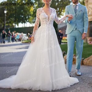 Elegant Wedding Dress long sleeve V neck lace bride dress robe de mariee A line Wedding Bridal Gown
