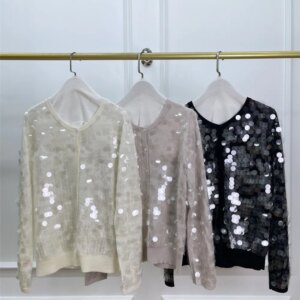Women’s Thin Cardigan Jacket Round Neck Long Sleeve Sequin Loose Knitted Sweater Top