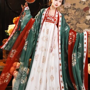 Tang Hanfu women’s high-waisted chest-length skirt with large sleeve shirt Traditional Chinese dress (green, red)