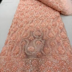 African Beaded Lace Fabric 2025 High Quality Beads Lace Fabric For Wedding Dress Tulle Mesh Sequins Lace Fabric 5 Yards