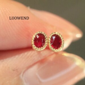 LUOWEND 100% 18K Yellow Gold Earrings Elegant Design INS Style Natural Ruby Stud Earrings for Women Birthday Gift High Jewelry