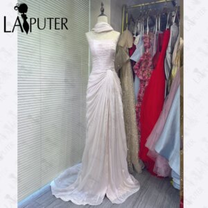 Baby Pink Long Evening Dresses Halter Ribbon Flowing Prom Dress with Slit Full Body Ruched Woman Elegant Formal Dress 2025 New