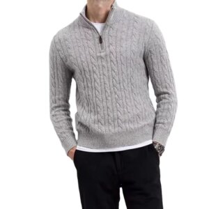 Customized Classic Casual Half Zipper Cable Knit Cashmere Pullover Cashmere Jumper Sweater for Men