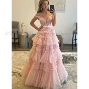 Pink Party Prom Dresses Women Off The Shoulder A Line Tiered Wrinkle High Quality Floor Length Bowknot Formal Occasion Classic