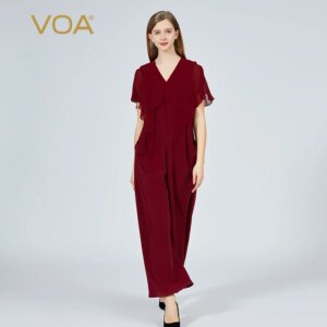 VOA Heavyweight 45m/m Silk V-neck Three-dimensional Cutting Lotus Leaf Short Sleeve Pleated Design Wide Leg Silk Jumpsuit KE715