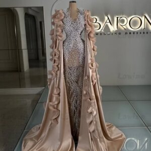 Champagne Full Beading Pearls Prom Dresses Customized Long Sleeves Mermaid Evening Dress Arabic Dubai Engagement Party Gowns