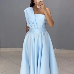 Chic A-Line Navy Blue One Shoulder Tea Length Lace Up Back Evening Dresses Short Satin Homecoming Dresses