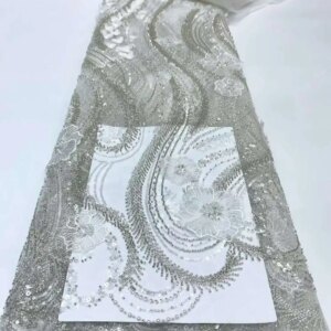 Luxury African 3D Flower Beaded Lace Fabric 2024 High Quality Nigerian Sequins Tulle Lace Fabric 5 Yards for Wedding Dress