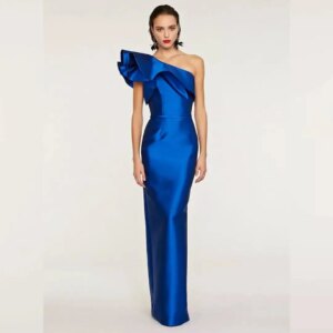 Customized  Blue Satin Prom Dresses Classic Straight Ruched Homecoming Gowns Modern Belt Back Slit One Shoulder Evening