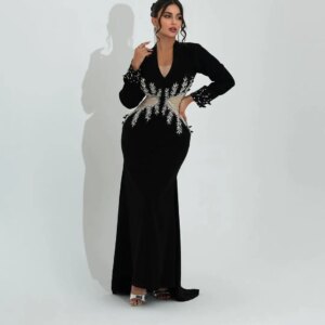 Customized Long Sleeves Prom Dresses V Neck Beadings Floor Length Mermaid Evening Dresses Party Dresses