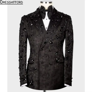 Black Jacquard Men’s Suits Fashion 2 Pieces Sets Groom Prom Blazers Beaded Diamond Decoration Tuxedos Men